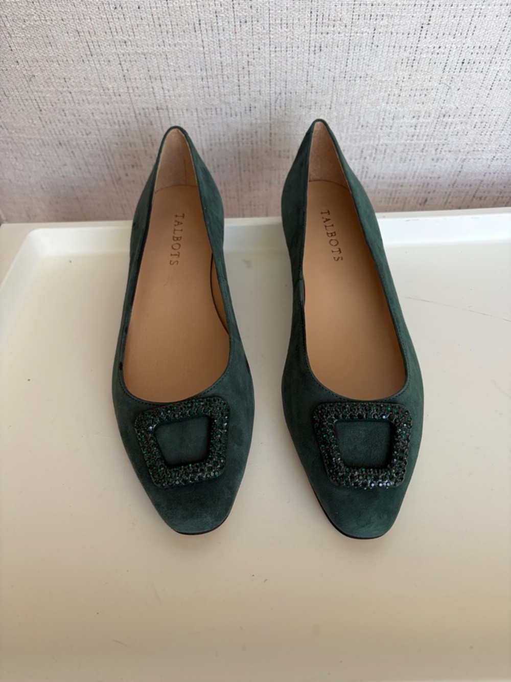 Talbots Dark Green Suede Jeweled Buckle Flats